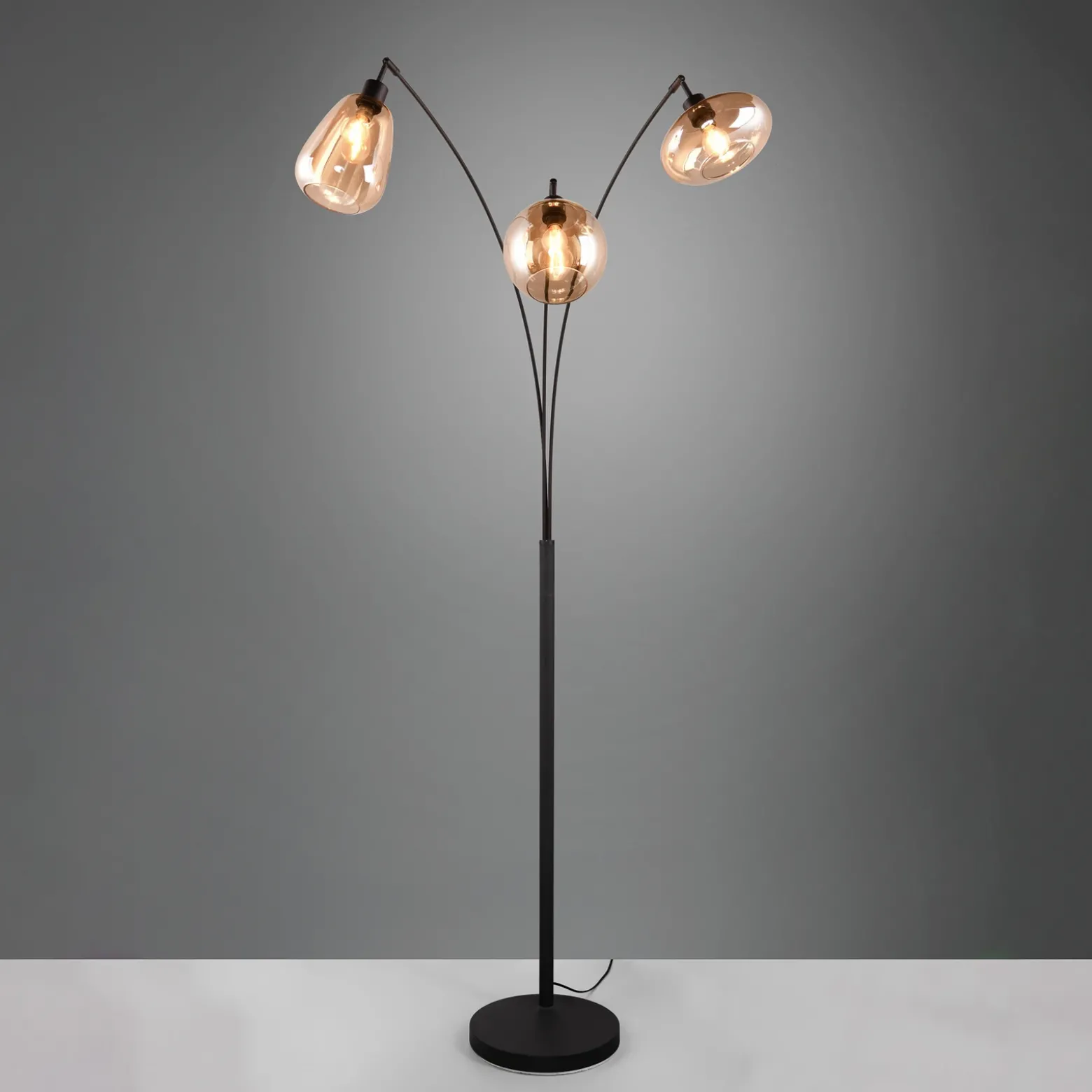 Lámpara de pie Lumina, 3 luces, negro/ámbar, cristal