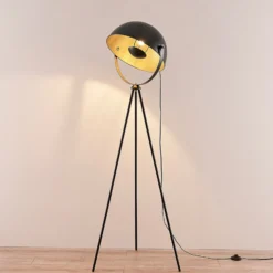 Lámpara de pie Meline de Lindby, negro/dorado, metal, trípode