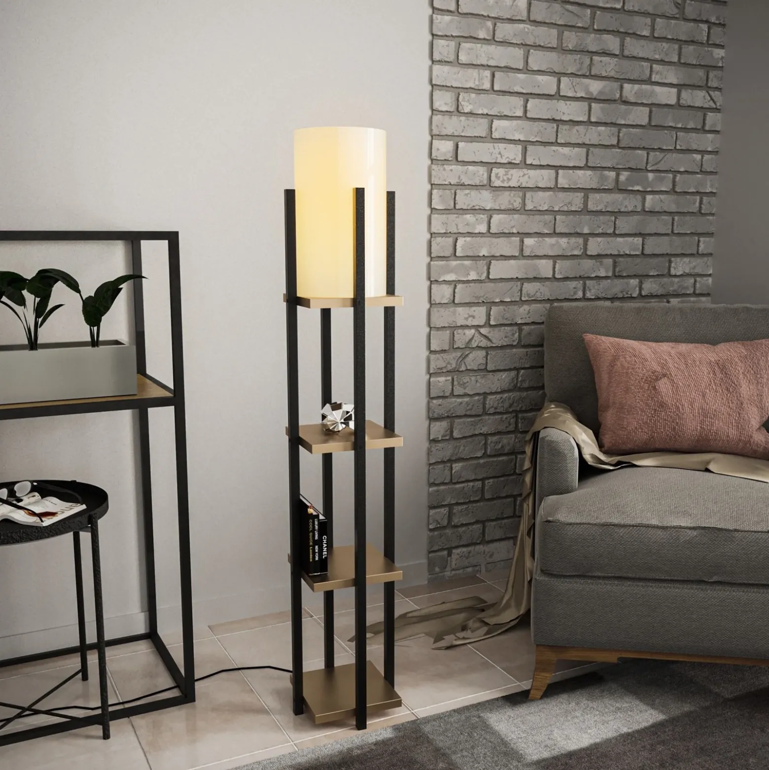 Lámpara de pie 8115, negro/dorado/blanco, metal/lona, altura 130 cm