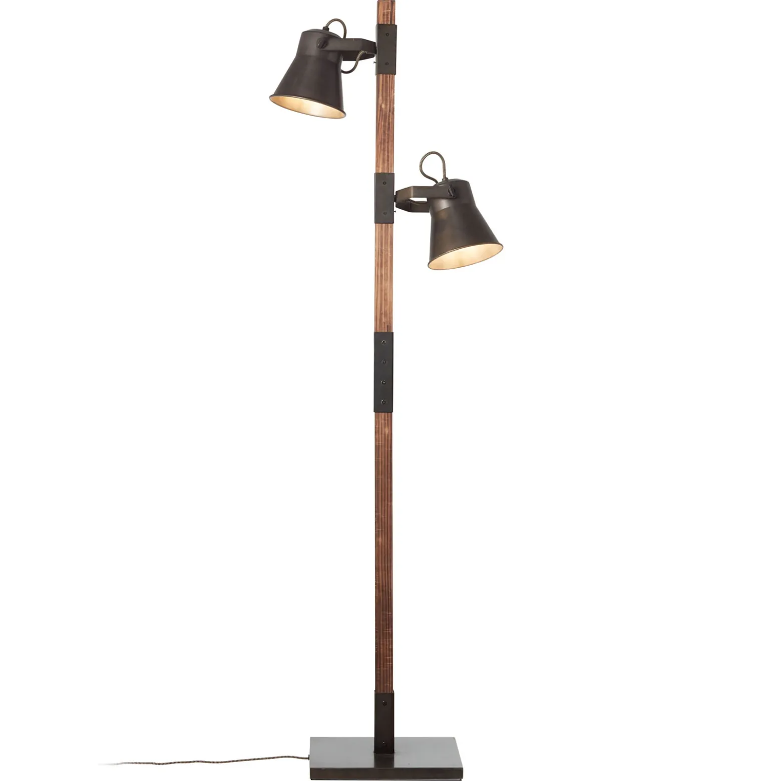 Lámpara de pie Plow, 2 focos, negro/madera oscuro