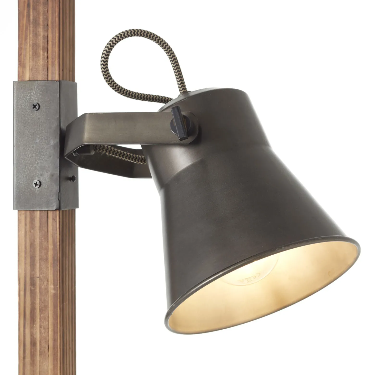 Lámpara de pie Plow, 2 focos, negro/madera oscuro