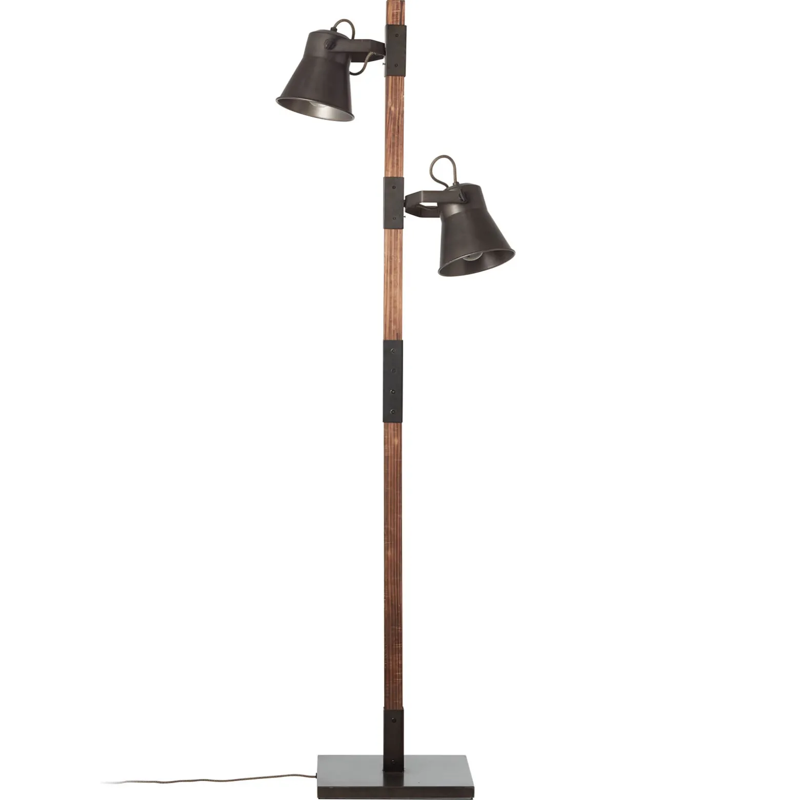 Lámpara de pie Plow, 2 focos, negro/madera oscuro