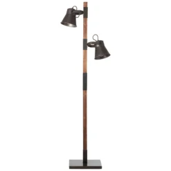 Lámpara de pie Plow, 2 focos, negro/madera oscuro