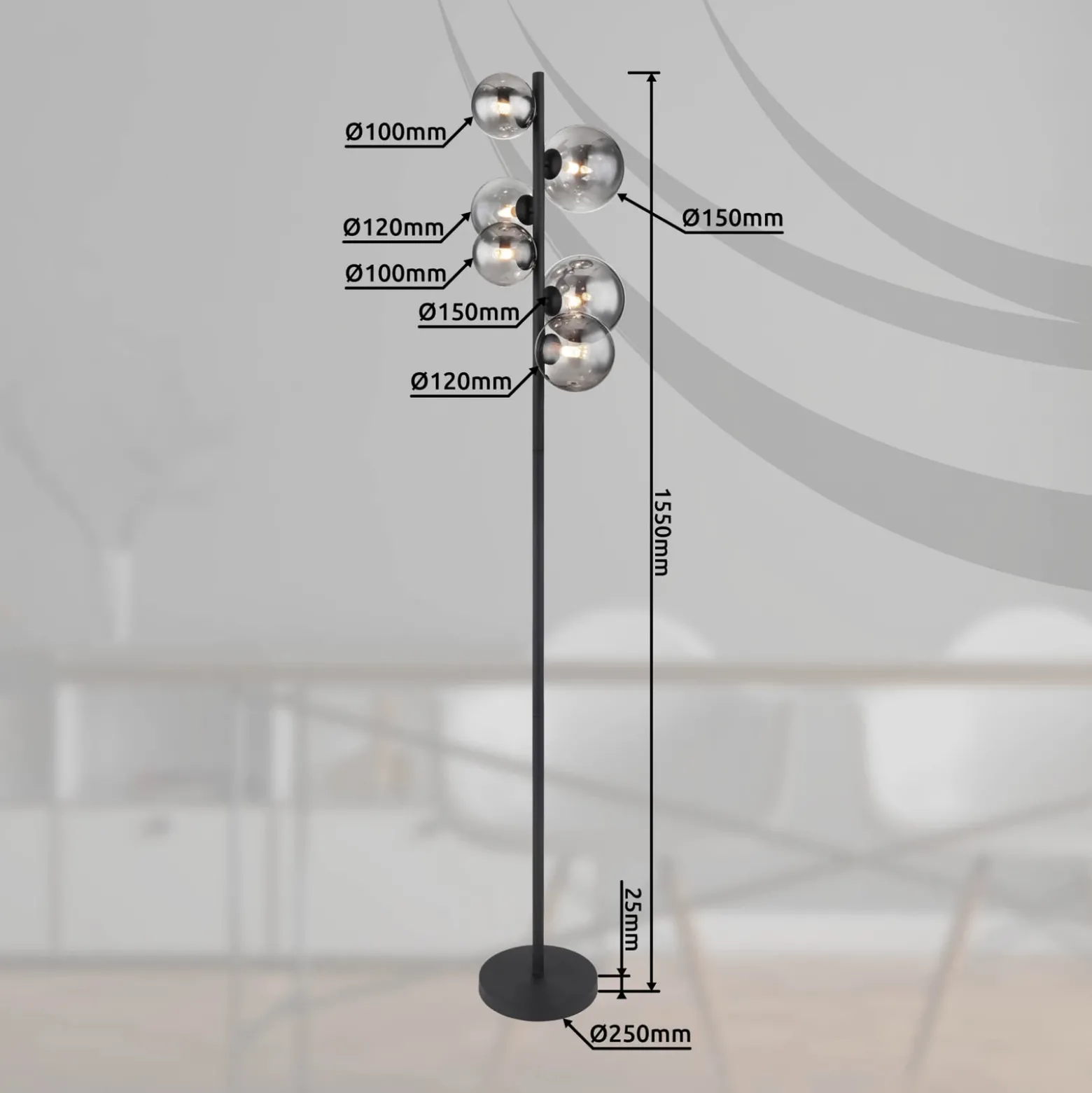 Lámpara de pie Riha, altura 155 cm, negro/color humo, 6 luces.