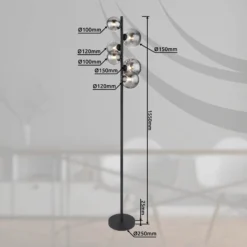 Lámpara de pie Riha, altura 155 cm, negro/color humo, 6 luces.
