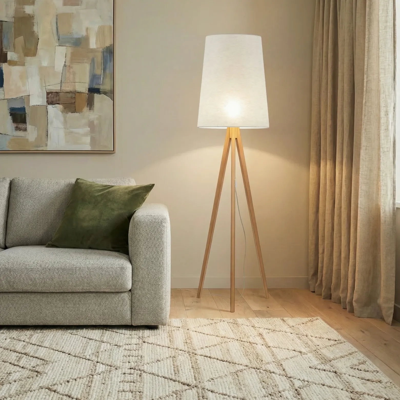 Lámpara de pie Walz, color crema, madera, altura 175 cm, E27