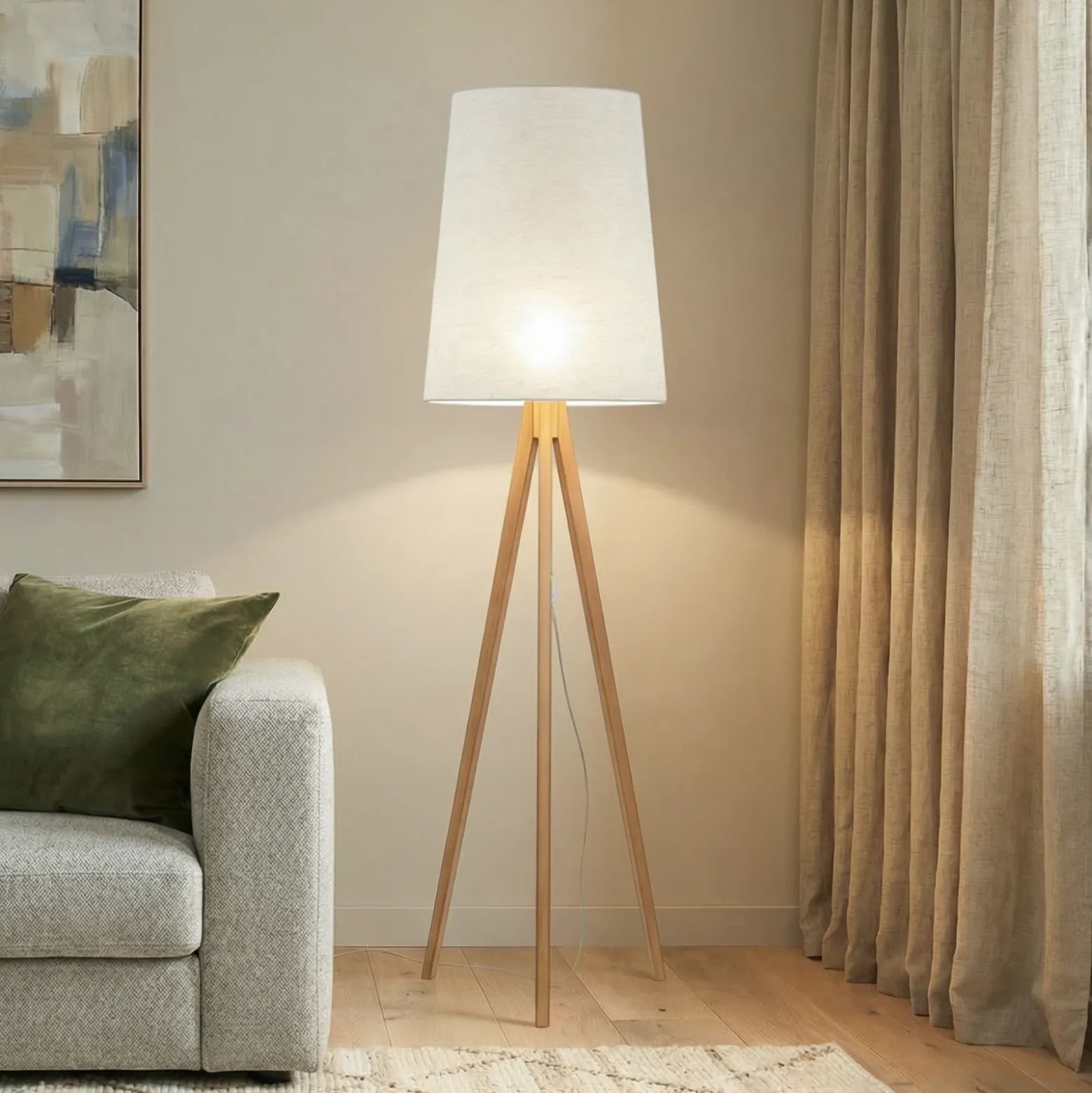 Lámpara de pie Walz, color crema, madera, altura 175 cm, E27