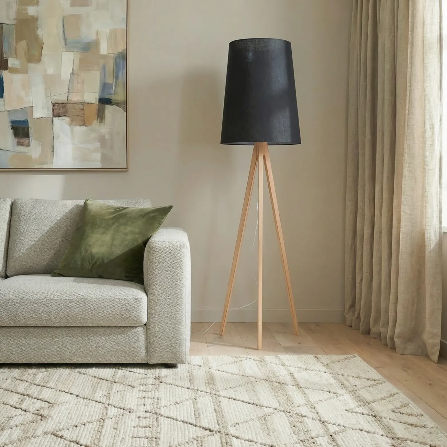 Lámpara de pie Walz, negra, madera, altura 175 cm, E27