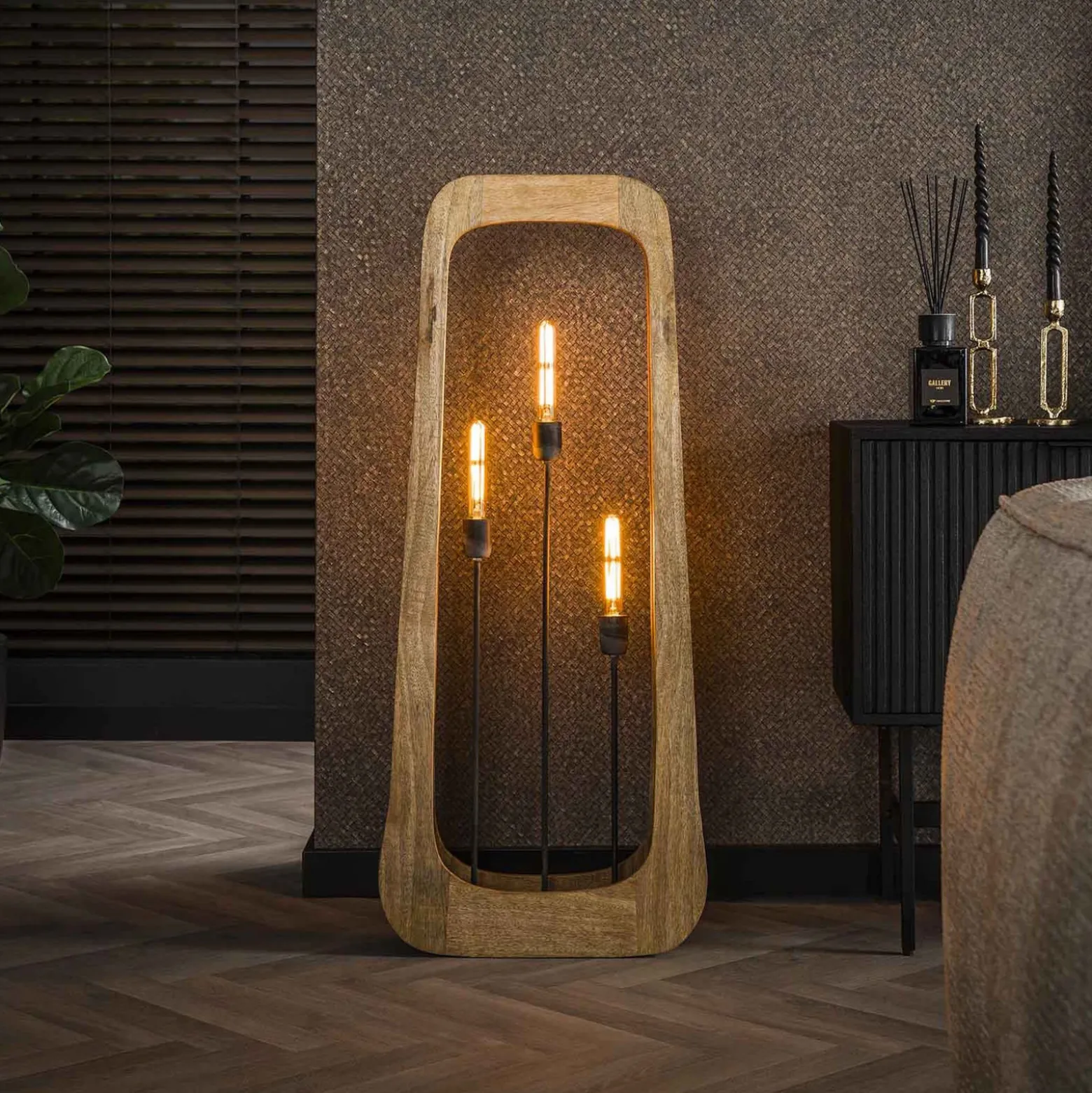 Lámpara de pie Woodframe, 3 luces, madera de mango, natural