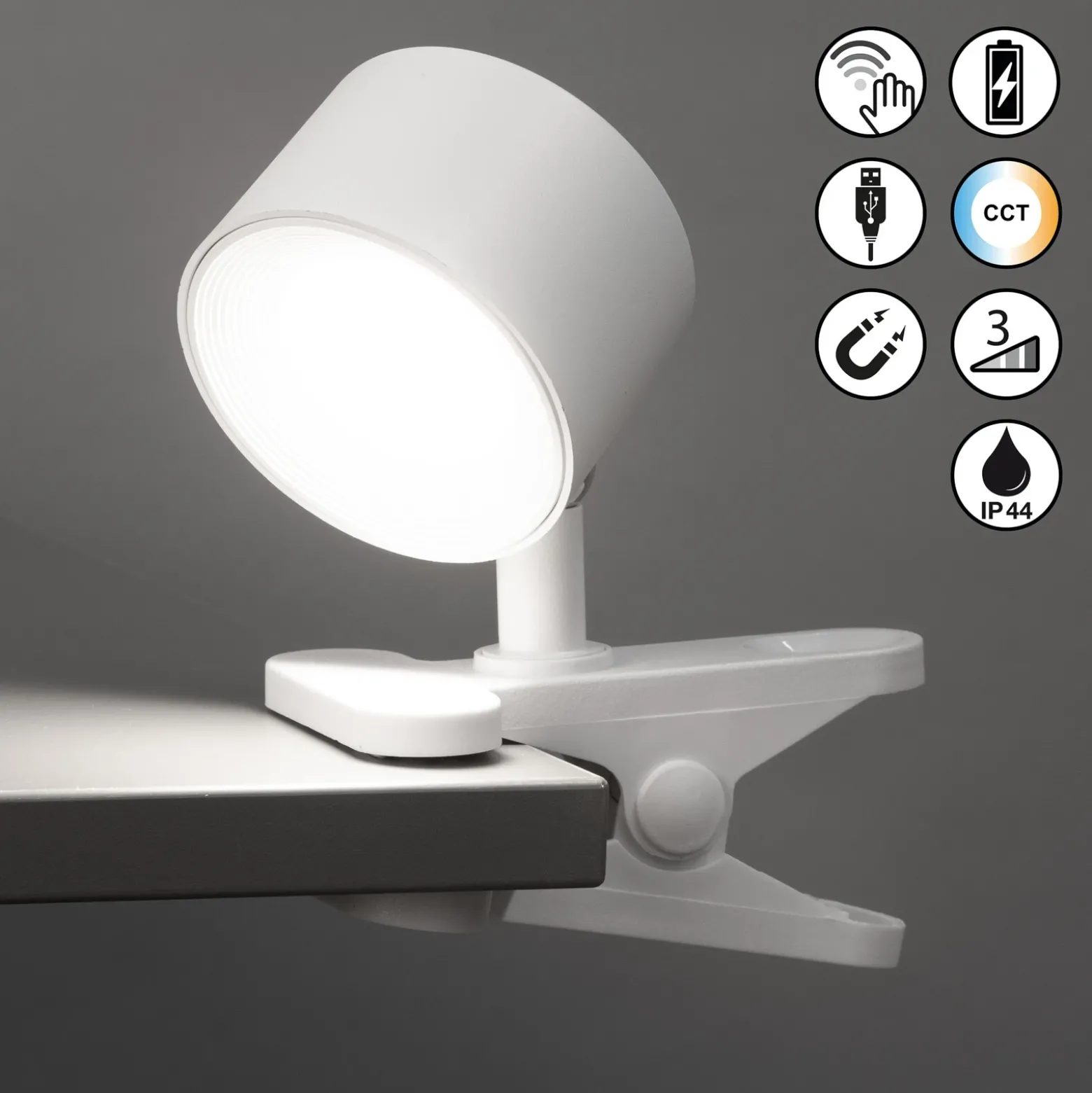 Lámpara de pinza LED recargable Magnetics, blanca, atenuable, CCT