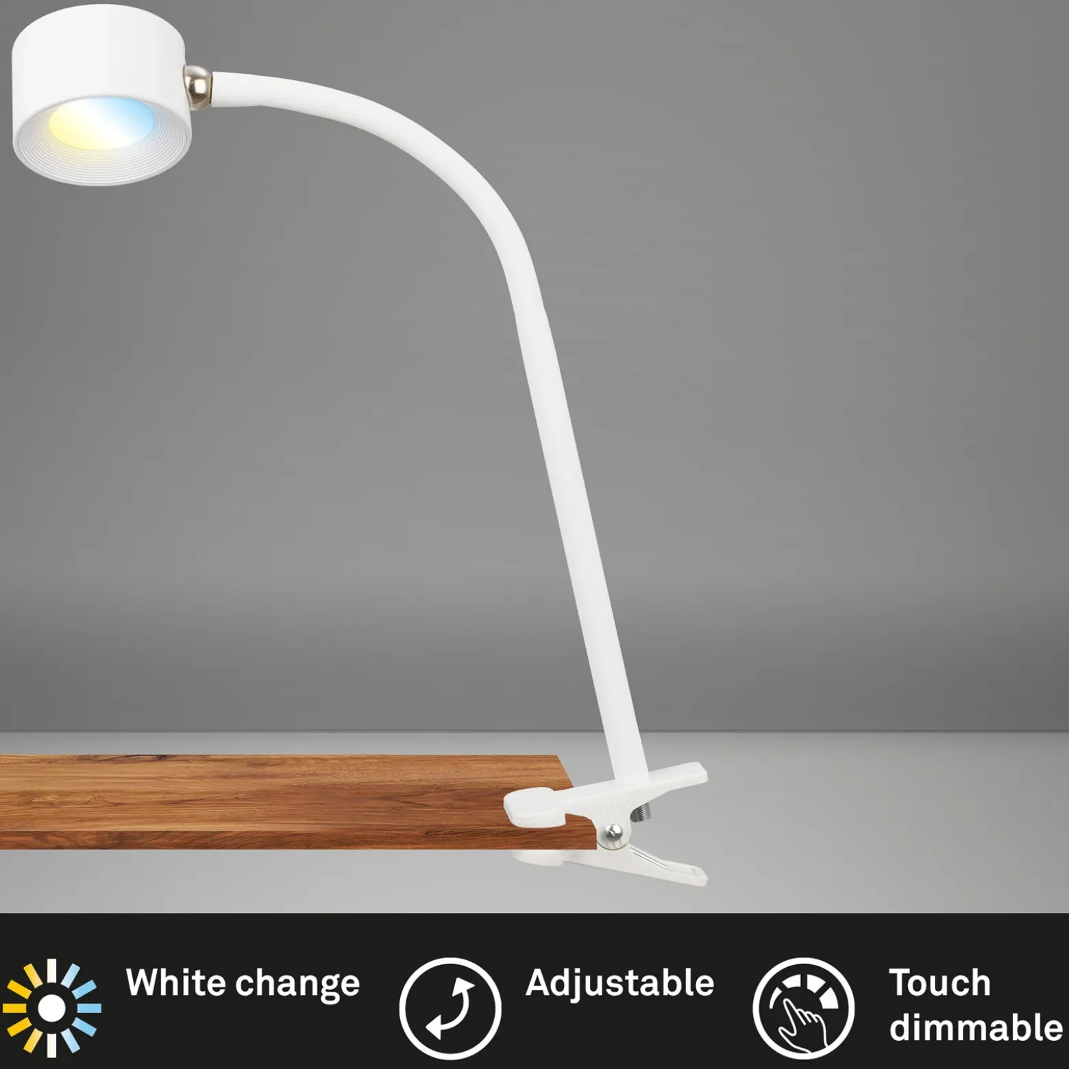 Lámpara de pinza recargable LED Tari, blanca, CCT, regulador táctil, USB