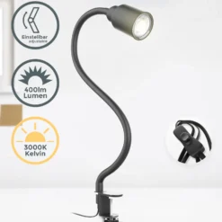 Lámpara de pinza Snake, negra, de metal, orientable, GU10