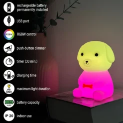 Lámpara de sobremesa LED Puppy, perro, blanco, RGB, atenuable