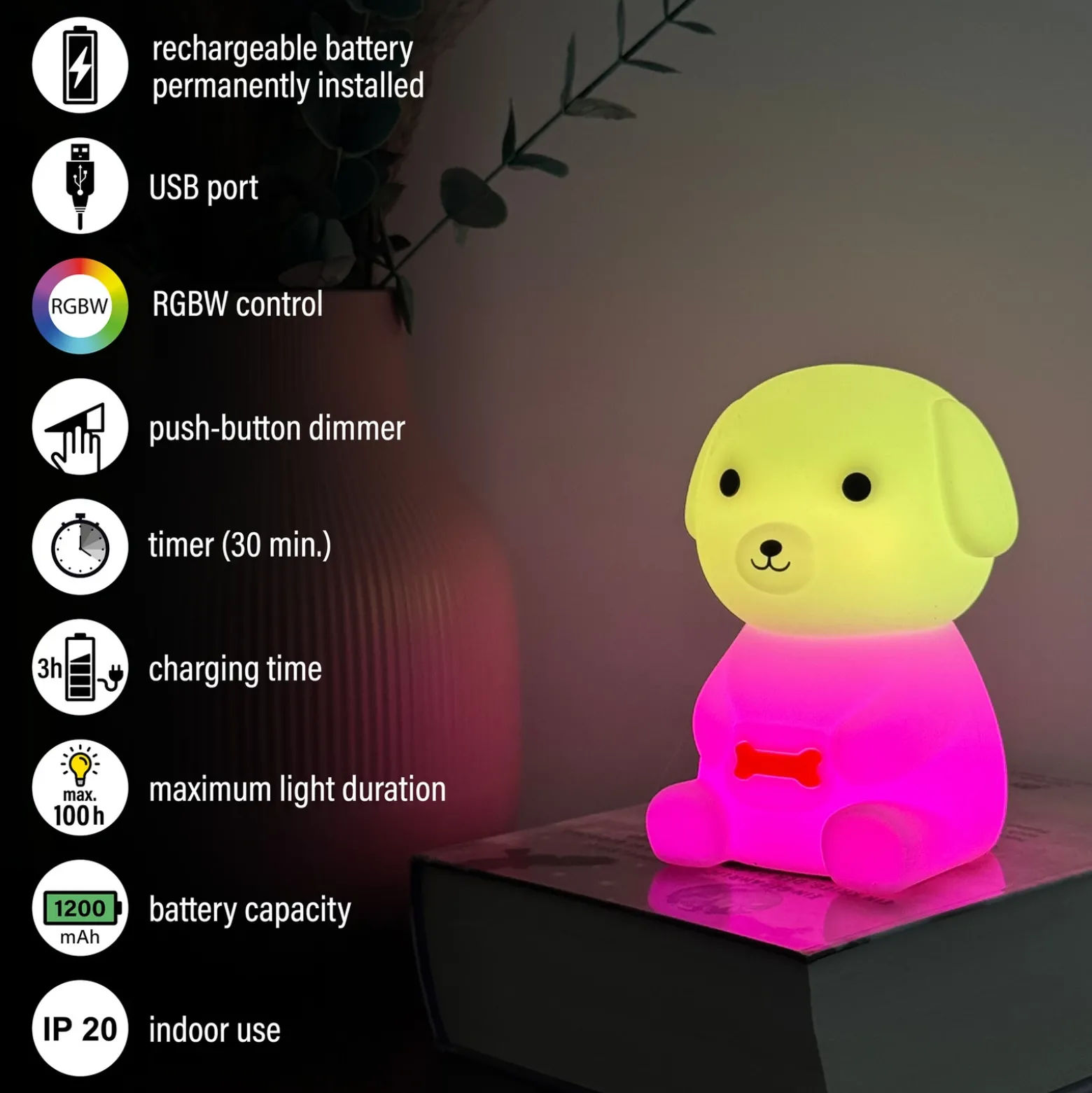 Lámpara de sobremesa LED Puppy, perro, blanco, RGB, atenuable