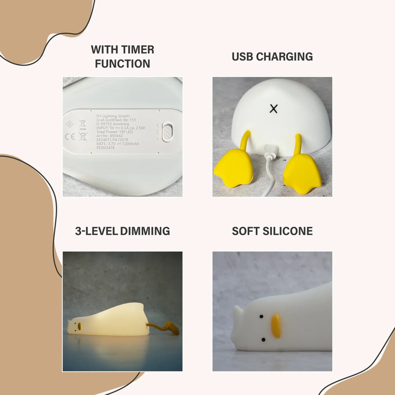 Lámpara de sobremesa LED recargable Ducky, pato, blanco, temporizador,