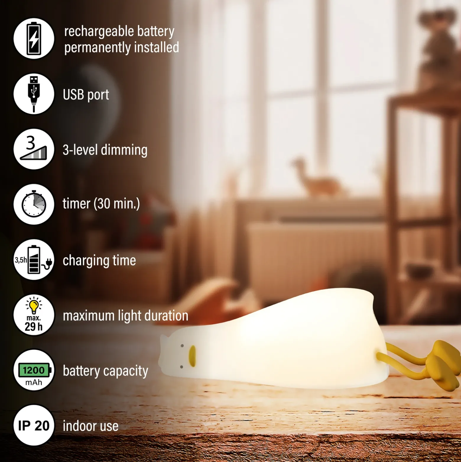 Lámpara de sobremesa LED recargable Ducky, pato, blanco, temporizador,