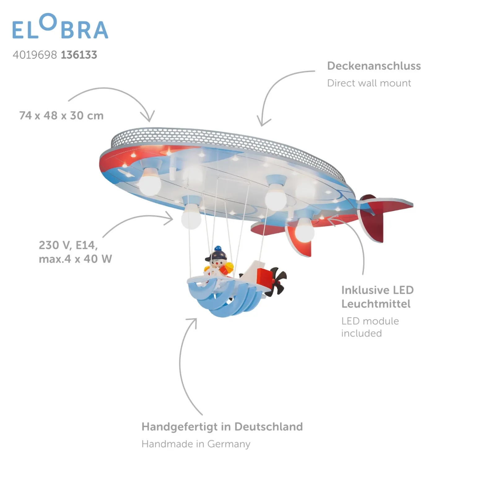 Lámpara de techo Aeronave con Joe azul-rojo-blanco