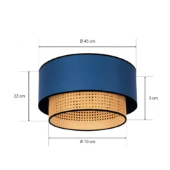Lámpara de techo Boho, azul/madera/negro, Ø 45 cm, tela/ratán