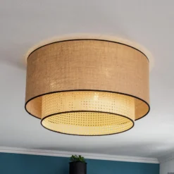 Lámpara de techo Boho, marrón/madera/negro, Ø 60 cm, tela/ratán