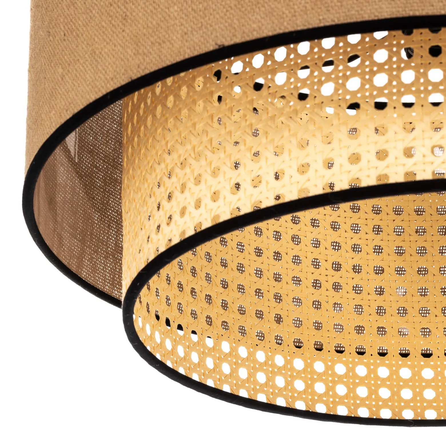 Lámpara de techo Boho, marrón/madera/negro, Ø 45 cm, tela/ratán