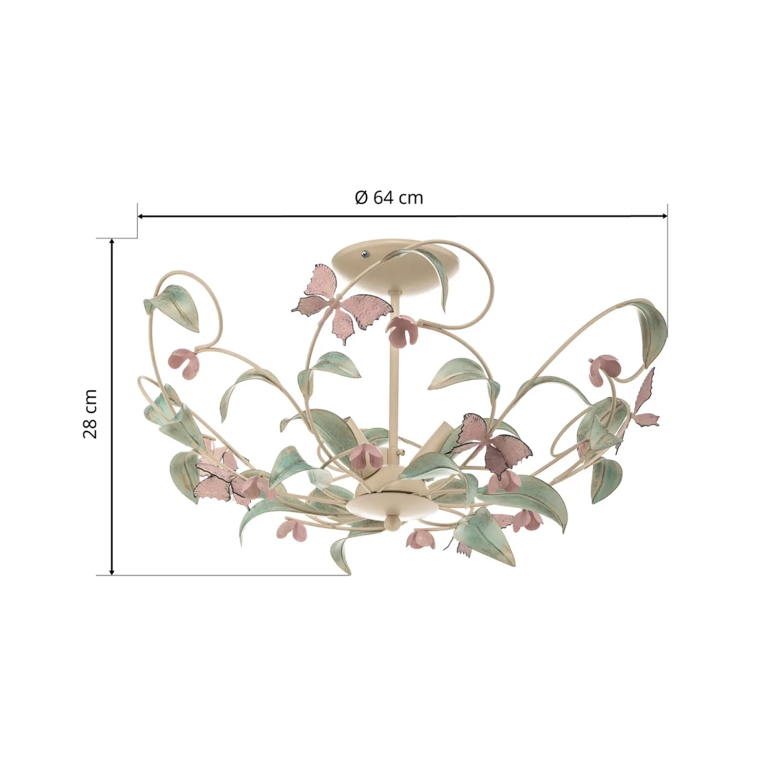 Lámpara de techo BUTTERFLY, crema/verde/rosado, acero inoxidable, 3 luces
