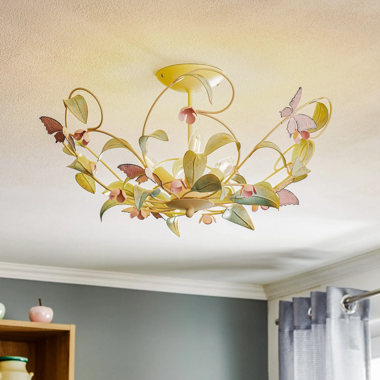 Lámpara de techo BUTTERFLY, crema/verde/rosado, acero inoxidable, 3 luces