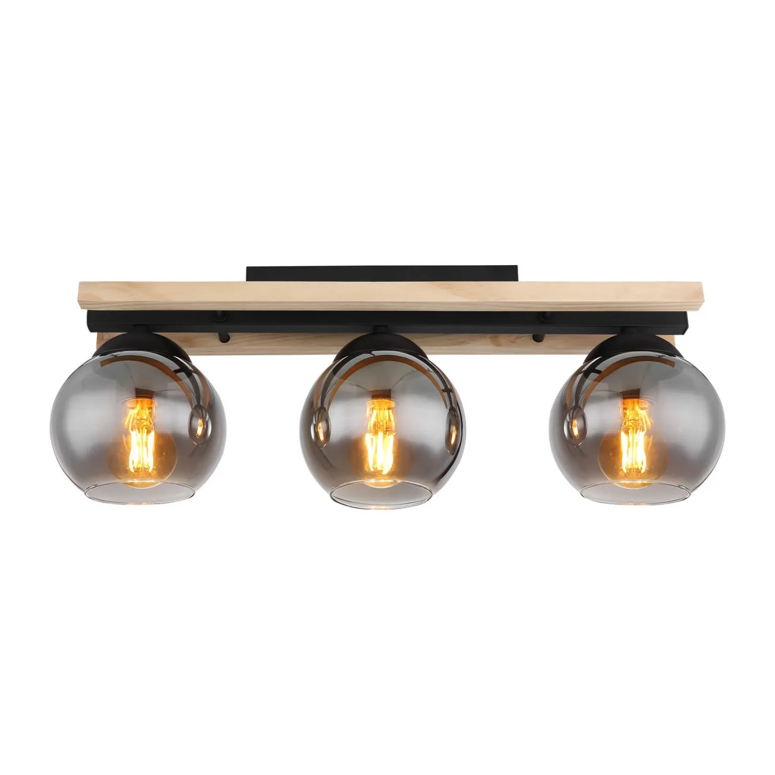 Lámpara de techo Conni, longitud 60 cm, gris humo, madera/vidrio, 3 luces.