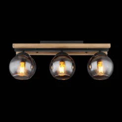 Lámpara de techo Conni, longitud 60 cm, gris humo, madera/vidrio, 3 luces.