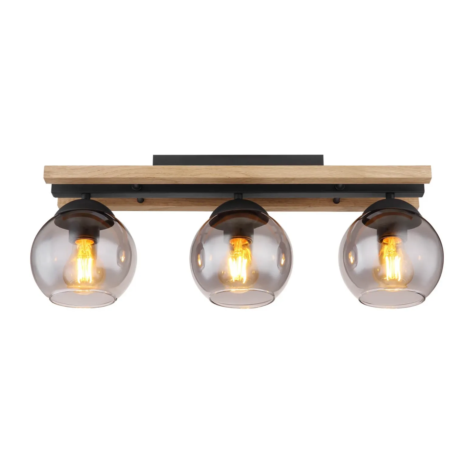 Lámpara de techo Conni, longitud 60 cm, gris humo, madera/vidrio, 3 luces.