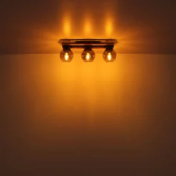Lámpara de techo Conni, longitud 60 cm, gris humo, madera/vidrio, 3 luces.