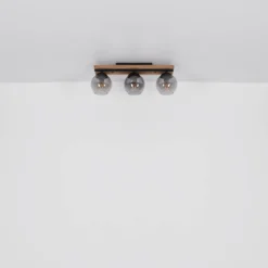 Lámpara de techo Conni, longitud 60 cm, gris humo, madera/vidrio, 3 luces.
