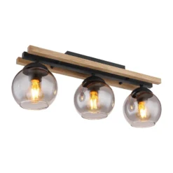 Lámpara de techo Conni, longitud 60 cm, gris humo, madera/vidrio, 3 luces.