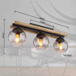 Lámpara de techo Conni, longitud 60 cm, gris humo, madera/vidrio, 3 luces.