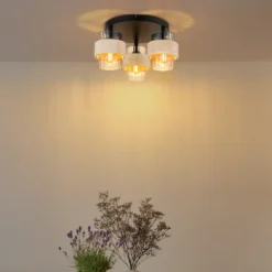 Lámpara de techo Daren, 3 luces, beige/ámbar/negro, Ø 38 cm, E27