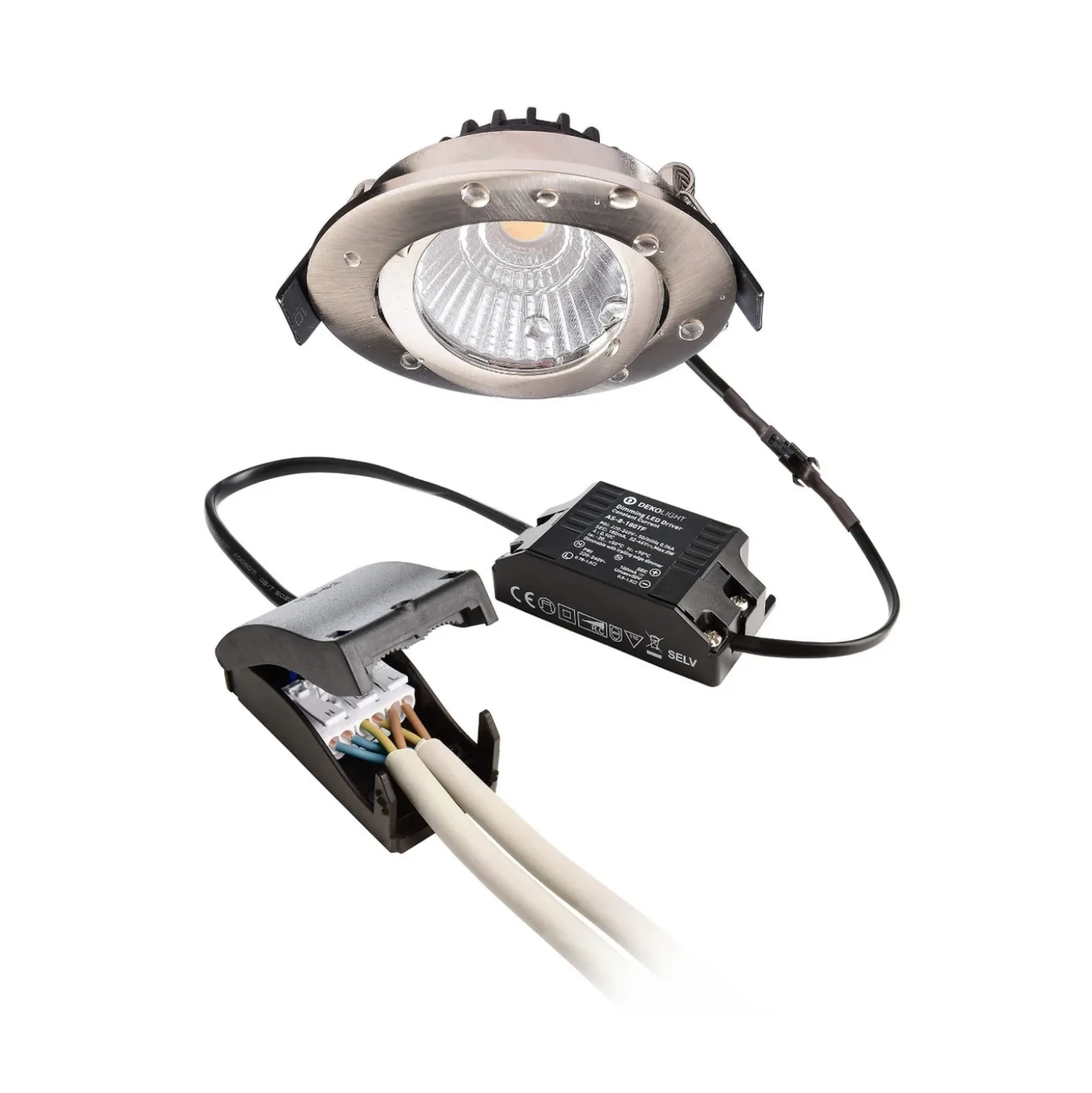 Lámpara de techo empotrable LED Dione, IP44, 2.700 K, níquel, atenuable