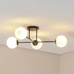 Lámpara de techo Glassy, 4 luces, cruzada, negro/opalino