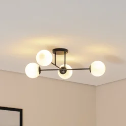 Lámpara de techo Glassy, 4 luces, cruzada, negro/opalino