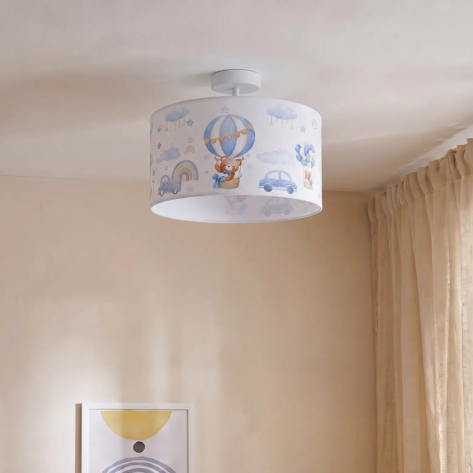 Lámpara de techo infantil Kids Print, azul claro/blanco, Ø 35 cm, de tela