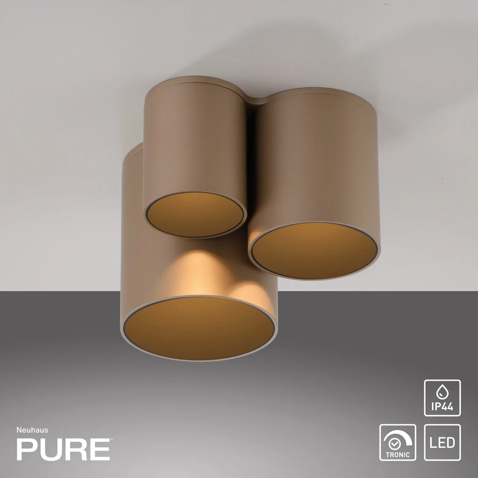 Lámpara de techo LED para baño PURE Point, color bronce, 18 cm, 3 luces, IP44