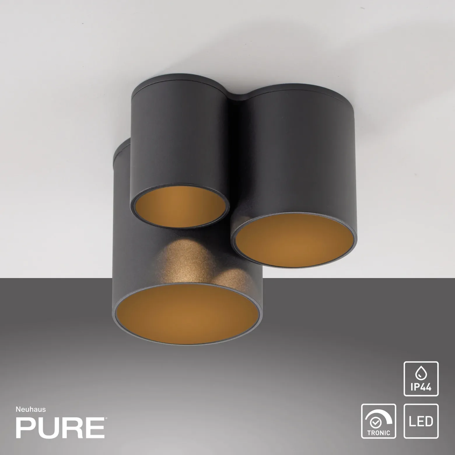 Lámpara de techo LED para baño PURE Point, negra, 18 cm, 3 luces, IP44