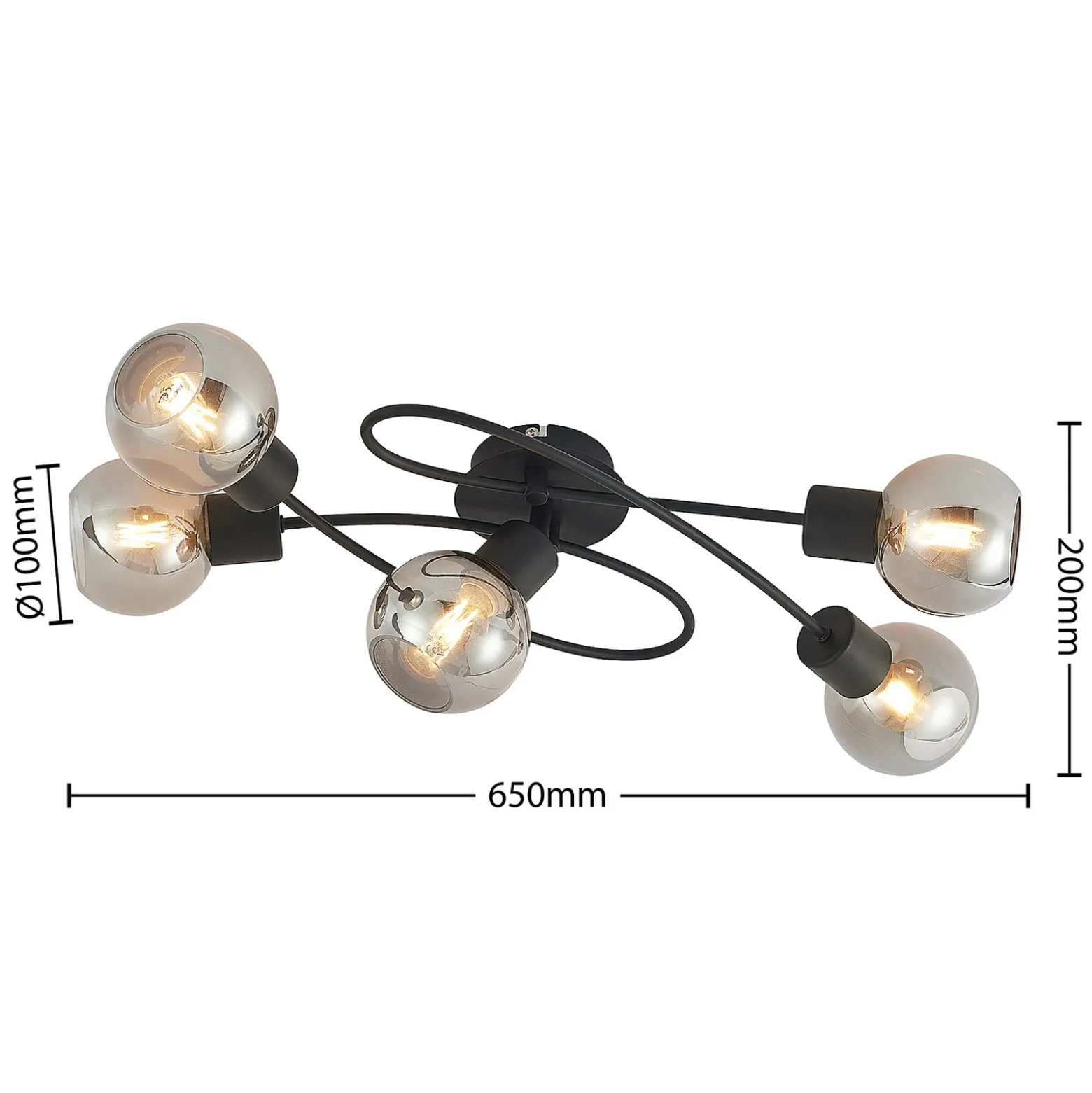 Lámpara de techo Lindby Elaina, 66 cm, 5 luces, negro/humo, E14