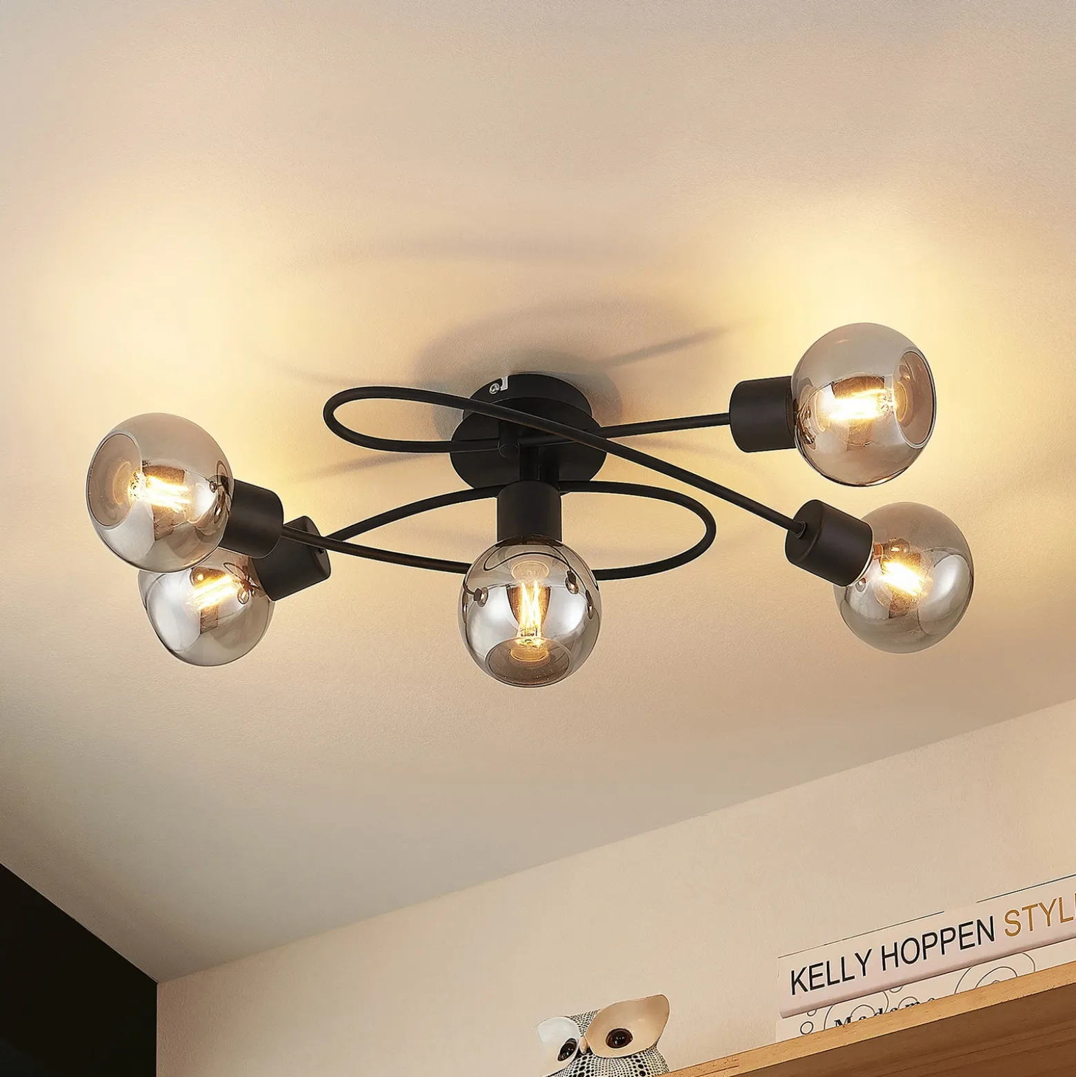 Lámpara de techo Lindby Elaina, 66 cm, 5 luces, negro/humo, E14