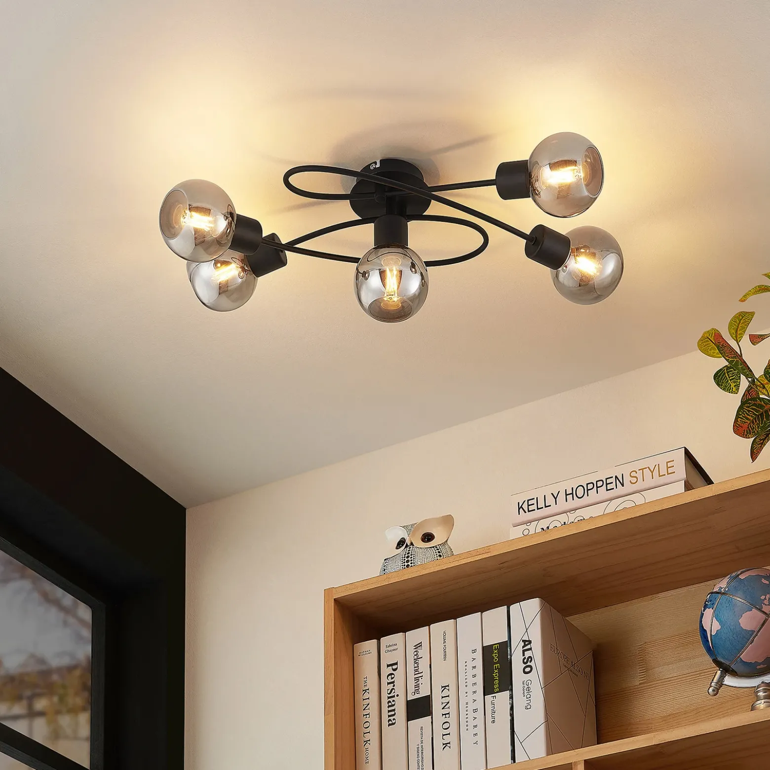Lámpara de techo Lindby Elaina, 66 cm, 5 luces, negro/humo, E14