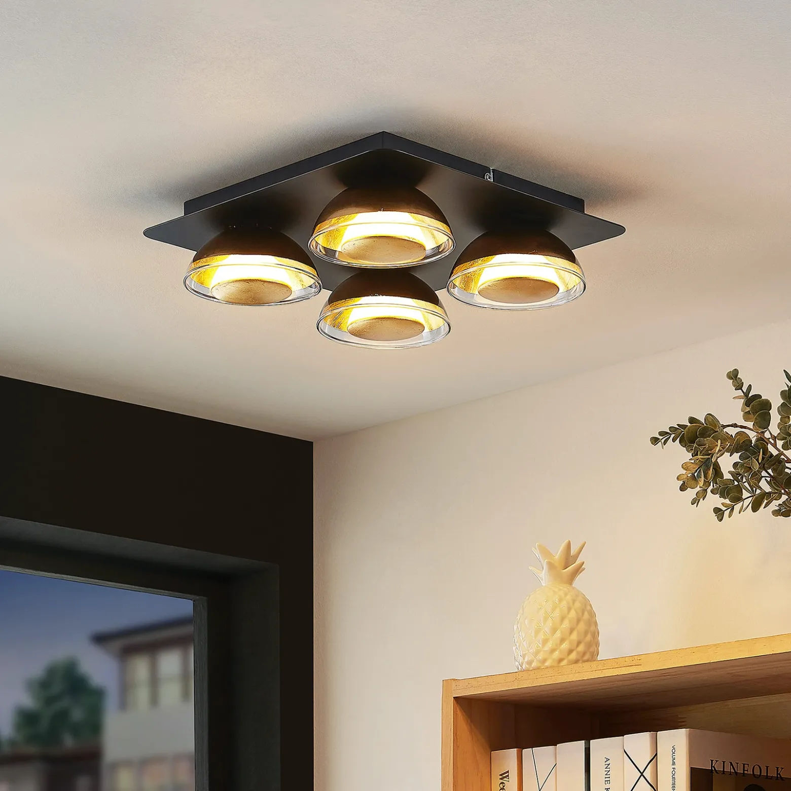 Lámpara de techo Lindby Erin, 4 luces, 30 cm, negro/oro, cristal