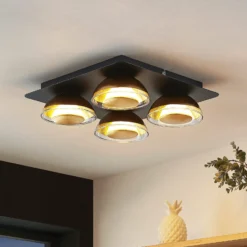Lámpara de techo Lindby Erin, 4 luces, 30 cm, negro/oro, cristal
