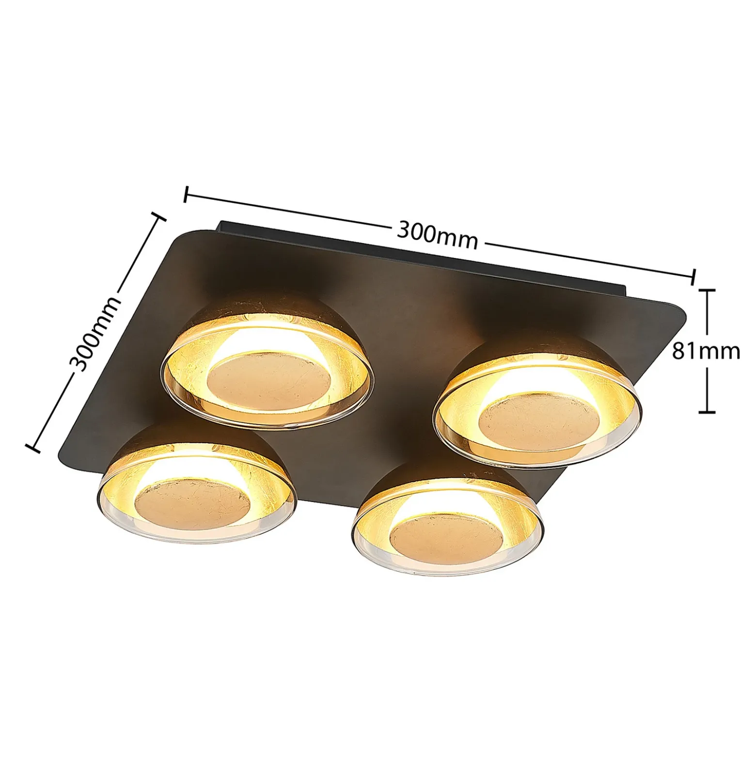 Lámpara de techo Lindby Erin, 4 luces, 30 cm, negro/oro, cristal