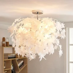 Lámpara de techo Lindby Maple, Ø 70 cm, cromada, blanca, de tela