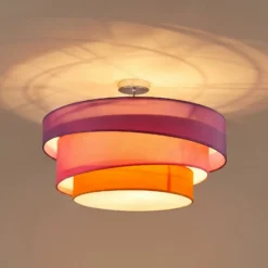 Lámpara de techo Lindby Melia, violeta/rosa/naranja, tejido, Ø 56 cm
