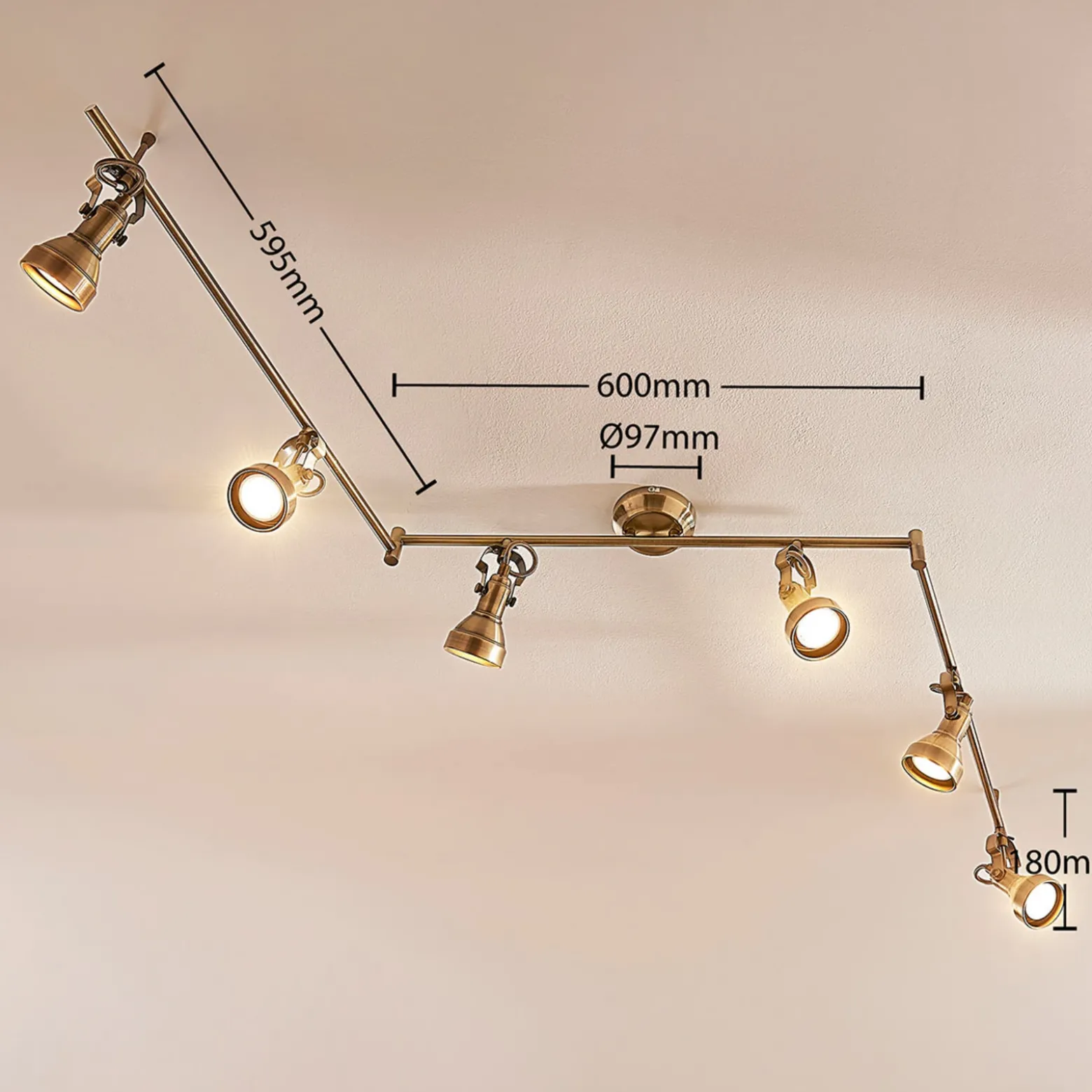 Lámpara de techo Lindby Perseas, 180 cm, 6 luces, latón antiguo, GU10