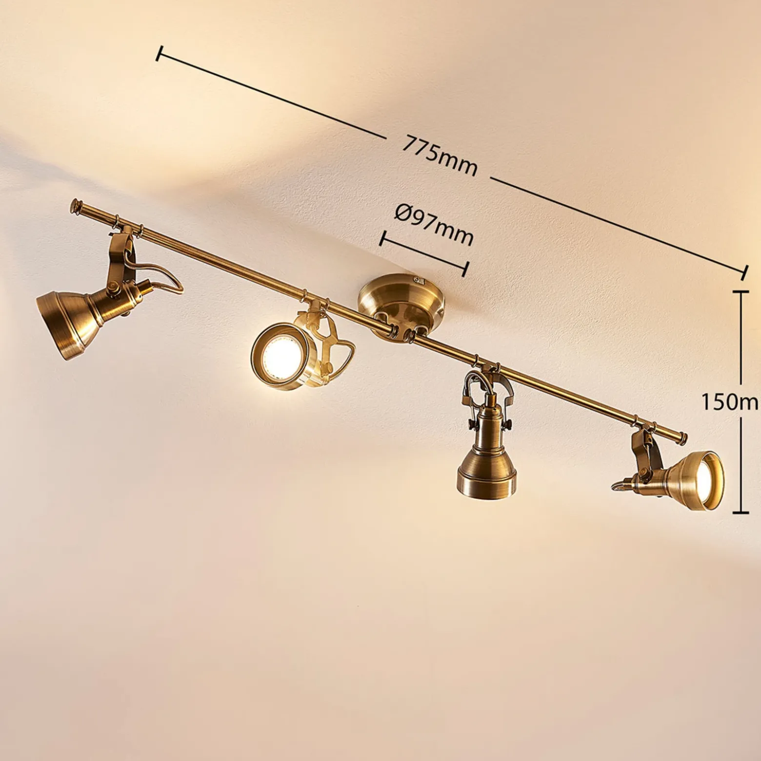 Lámpara de techo Lindby Perseas, 78 cm, 4 luces, latón envejecido, GU10